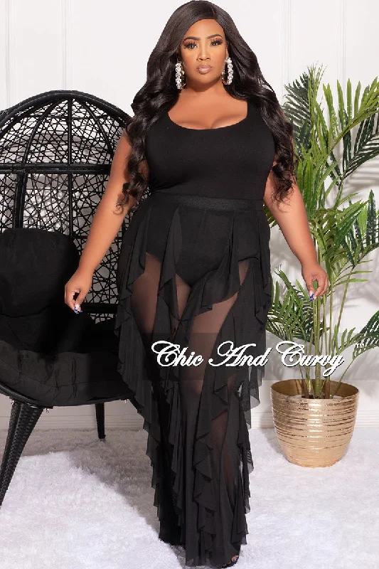 Final Sale Plus Size Plus Size Mesh Ruffle Pants in Black (Pants Only)