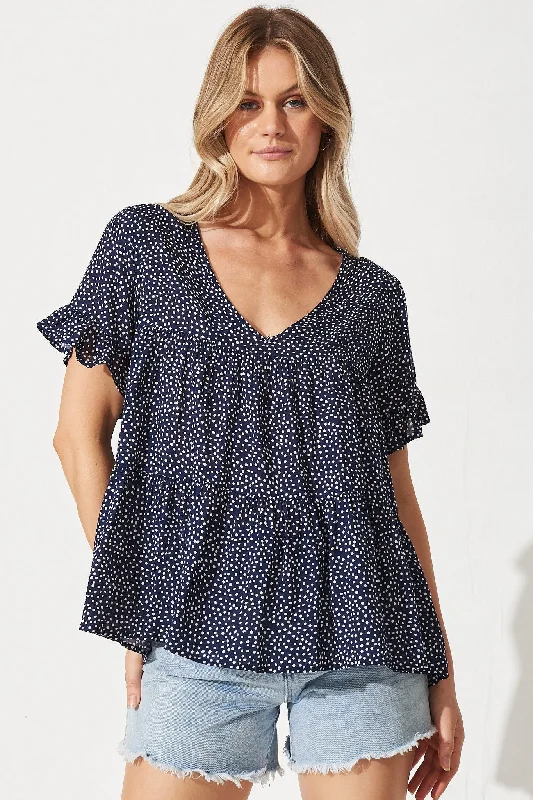 Priya Smock Top In Navy With White Speckle