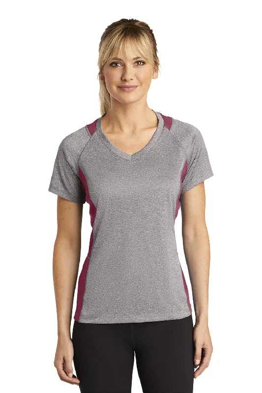 Sport-Tek Womens Contender Heather Moisture Wicking Short Sleeve V-Neck T-Shirt - Heather Vintage Grey/Maroon