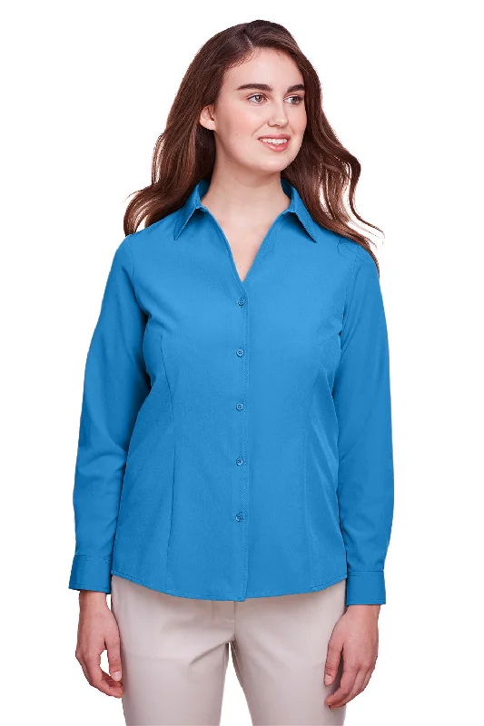 UltraClub Womens Bradley Performance Moisture Wicking Long Sleeve Button Down Shirt - Pacific Blue - Closeout