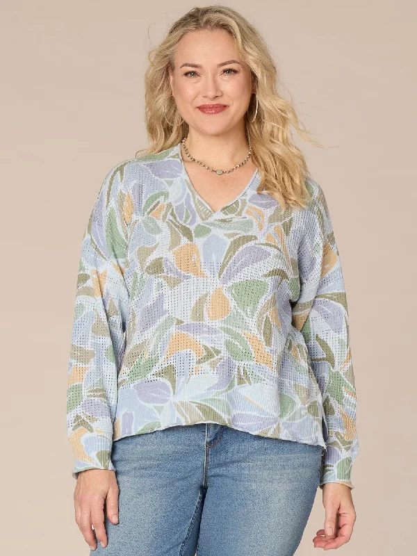 Drop Shoulder Banded Sleeve V-Neck Floral Printed Plus Sweater