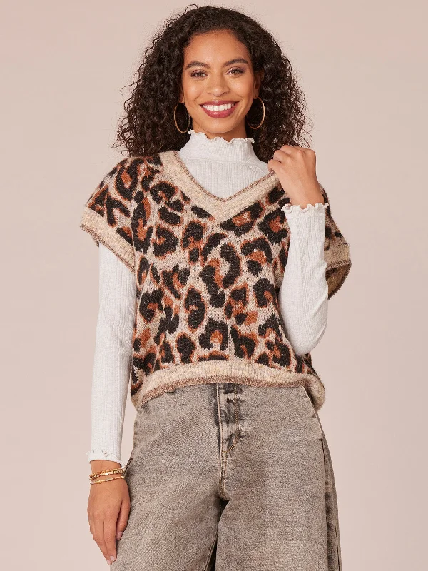 Cap Sleeve V-Neck Animal Print Sweater Vest with Metallic Tipping