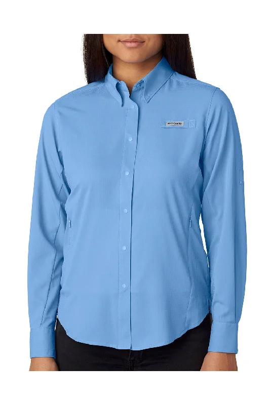 Columbia Womens Tamiami II Moisture Wicking Long Sleeve Button Down Shirt w/ Double Pockets - White Cap Blue - Closeout