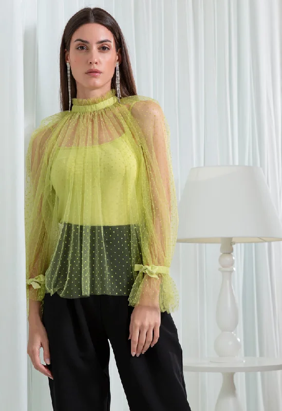 Mesh Ruffle Neckline Blouse