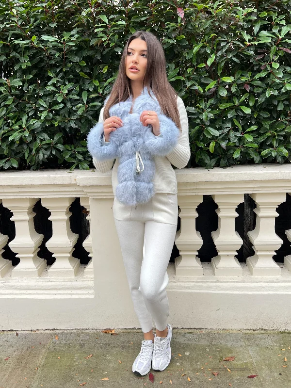 Cream And Baby Blue Premium Faux Fur Trimmed Cardigan