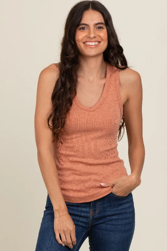 Mauve V-Neck Ribbed Tank Top