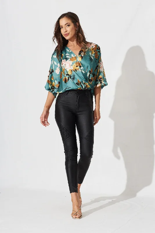 Solita Top In Green With Blush Floral Satin