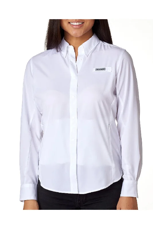 Columbia Womens Tamiami II Moisture Wicking Long Sleeve Button Down Shirt w/ Double Pockets - White - Closeout