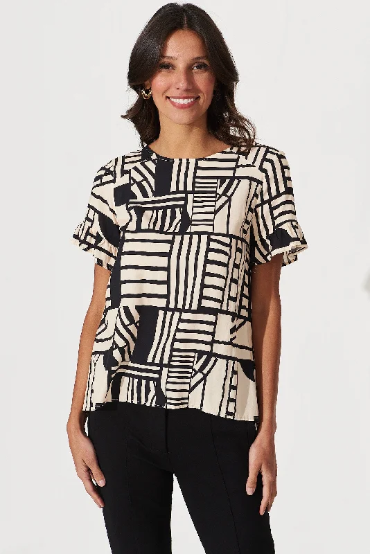 Elle Top In Cream And Black Geometric Print