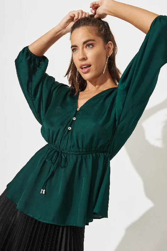 Verity V Neck Top In Emerald Green Satin