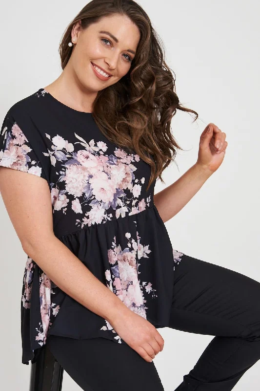 Tyrant Top In Black With Apricot Floral