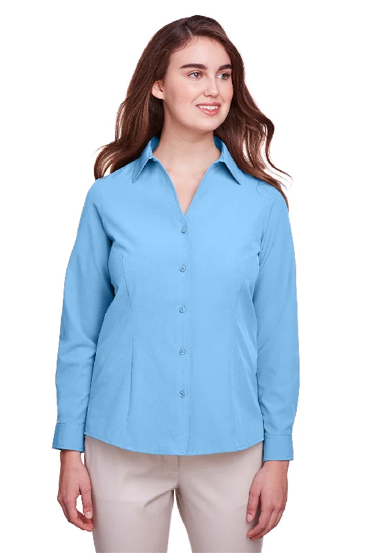 UltraClub Womens Bradley Performance Moisture Wicking Long Sleeve Button Down Shirt - Columbia Blue - Closeout