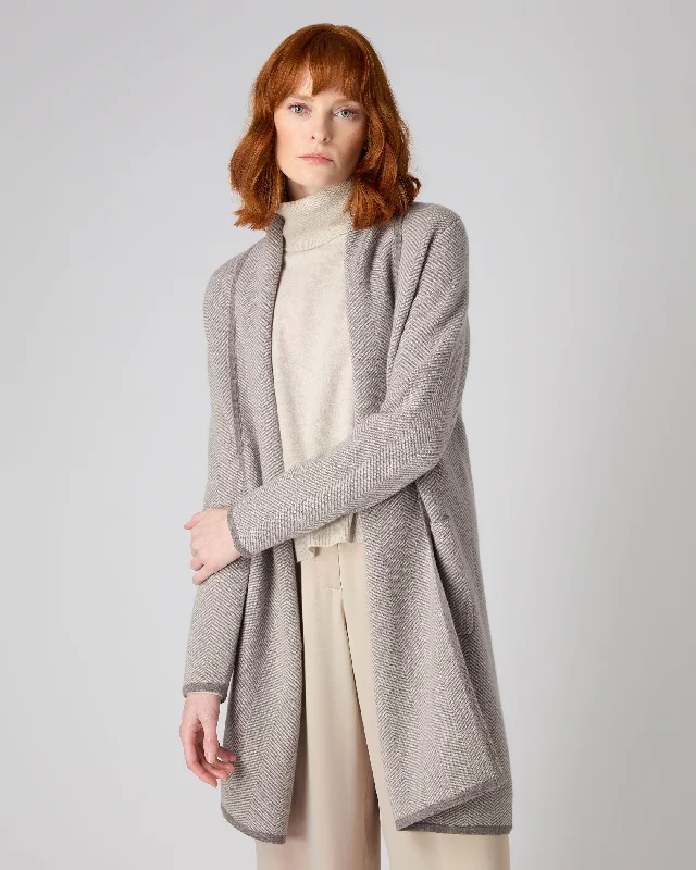 Women's Herringbone Long Cashmere Cardigan Taupe Brown