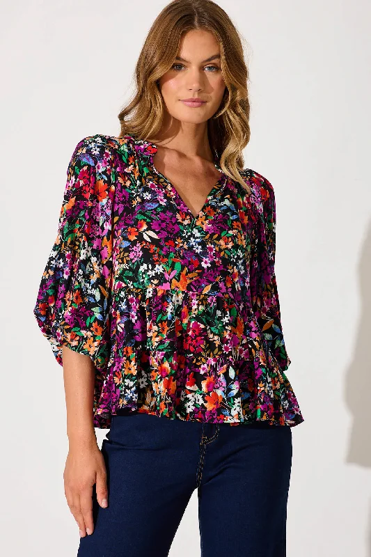 Talena Top In Black Multi Floral