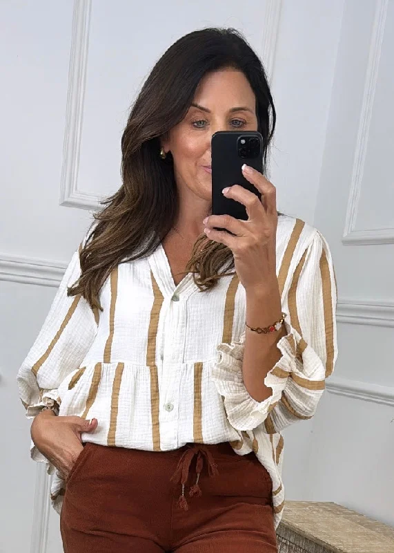 Helena Cream Camel Stripe Blouse