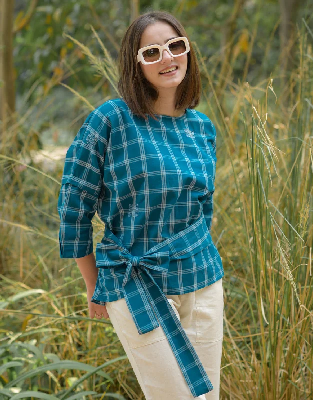 Blue and Cream Checkered Top