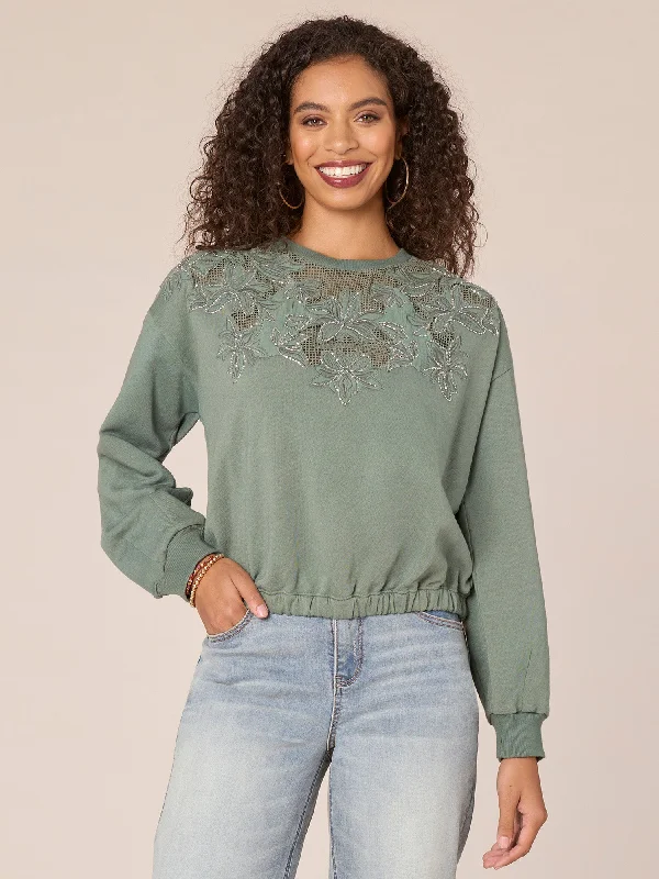 Long Banded Sleeve Scoop Neck Die Cut Beaded Embroidery Knit Top