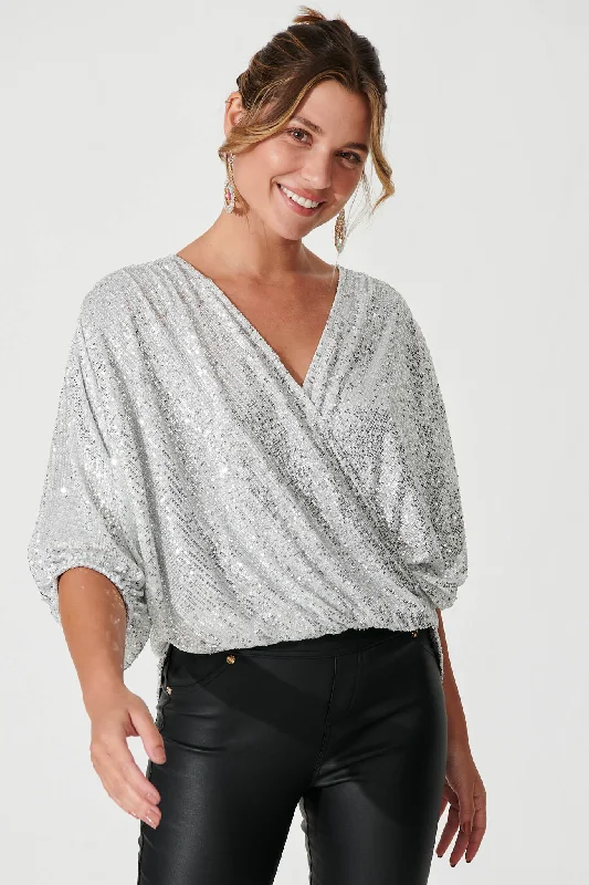 Celebration Sequin Mock Wrap Top In Silver