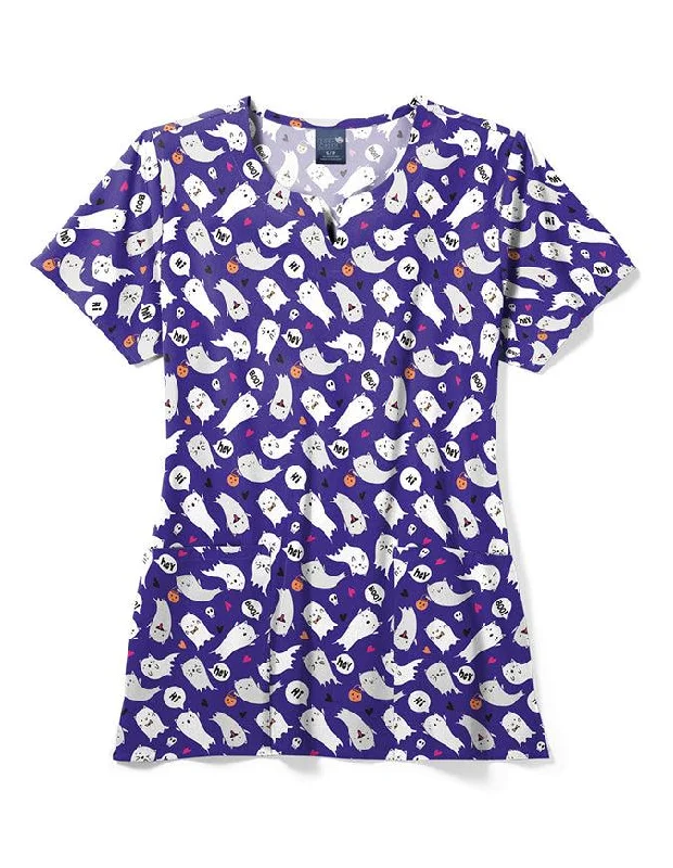 Zoe+Chloe Performance Women's Notch Neck Print Scrub Top in Purranormal Cativity