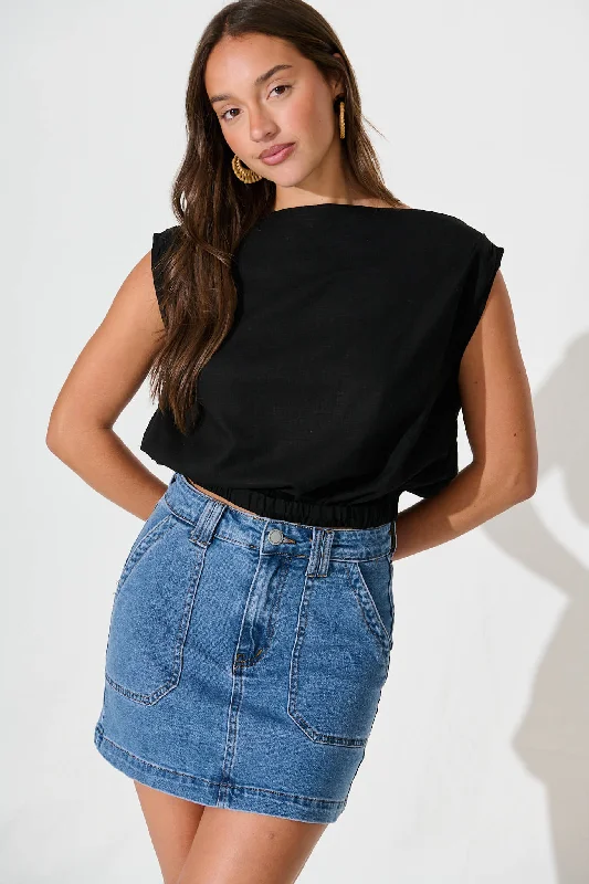 Lucille Top In Black Cotton Linen