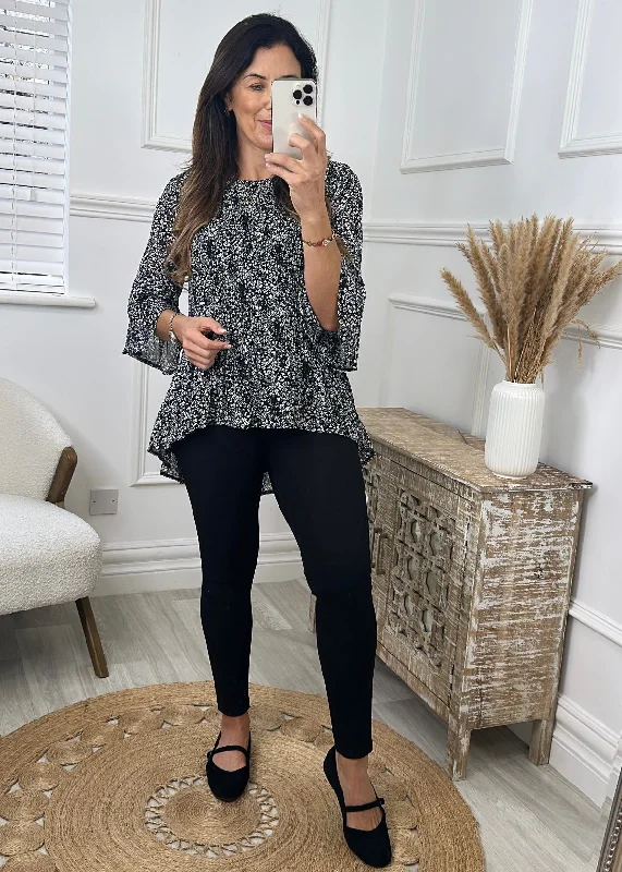 Hayley Black Ditsy Print Curve Hem Blouse