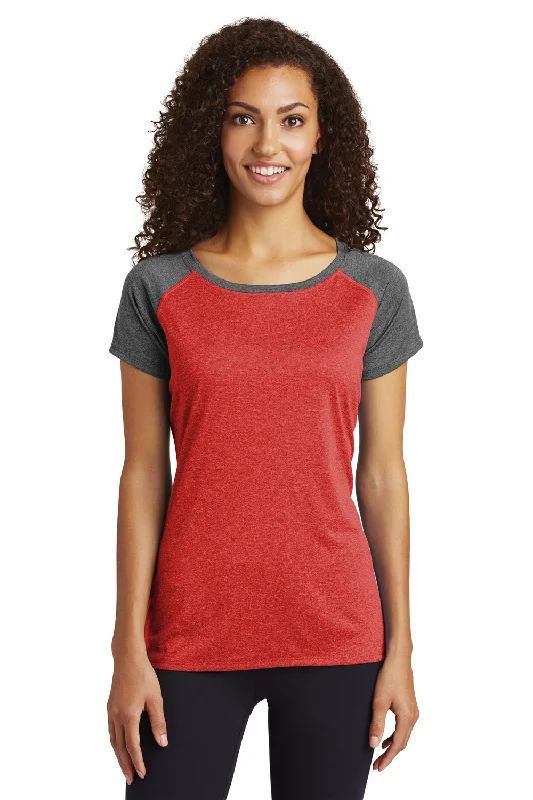 Sport-Tek Womens Contender Heather Moisture Wicking Short Sleeve Wide Neck T-Shirt - Heather Scarlet Red/Heather Graphite Grey - Closeout