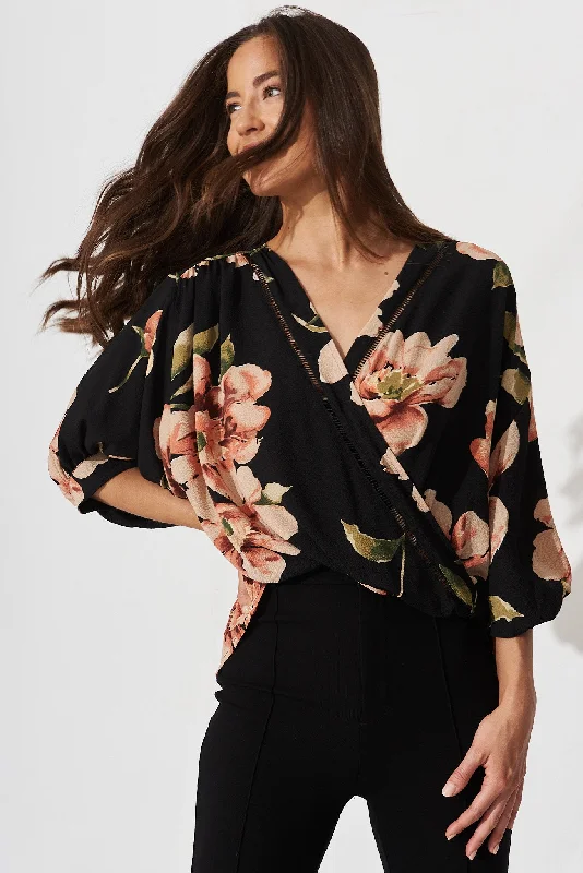 Marliboo Mock Wrap Top In Black With Blush Floral