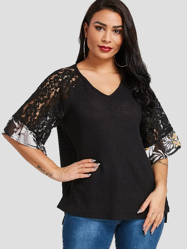 Custom V-Neck Lace Short Sleeve Black T-Shirts