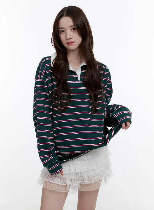 Oversize Collared Stripe Long Sleeve Tee OO407