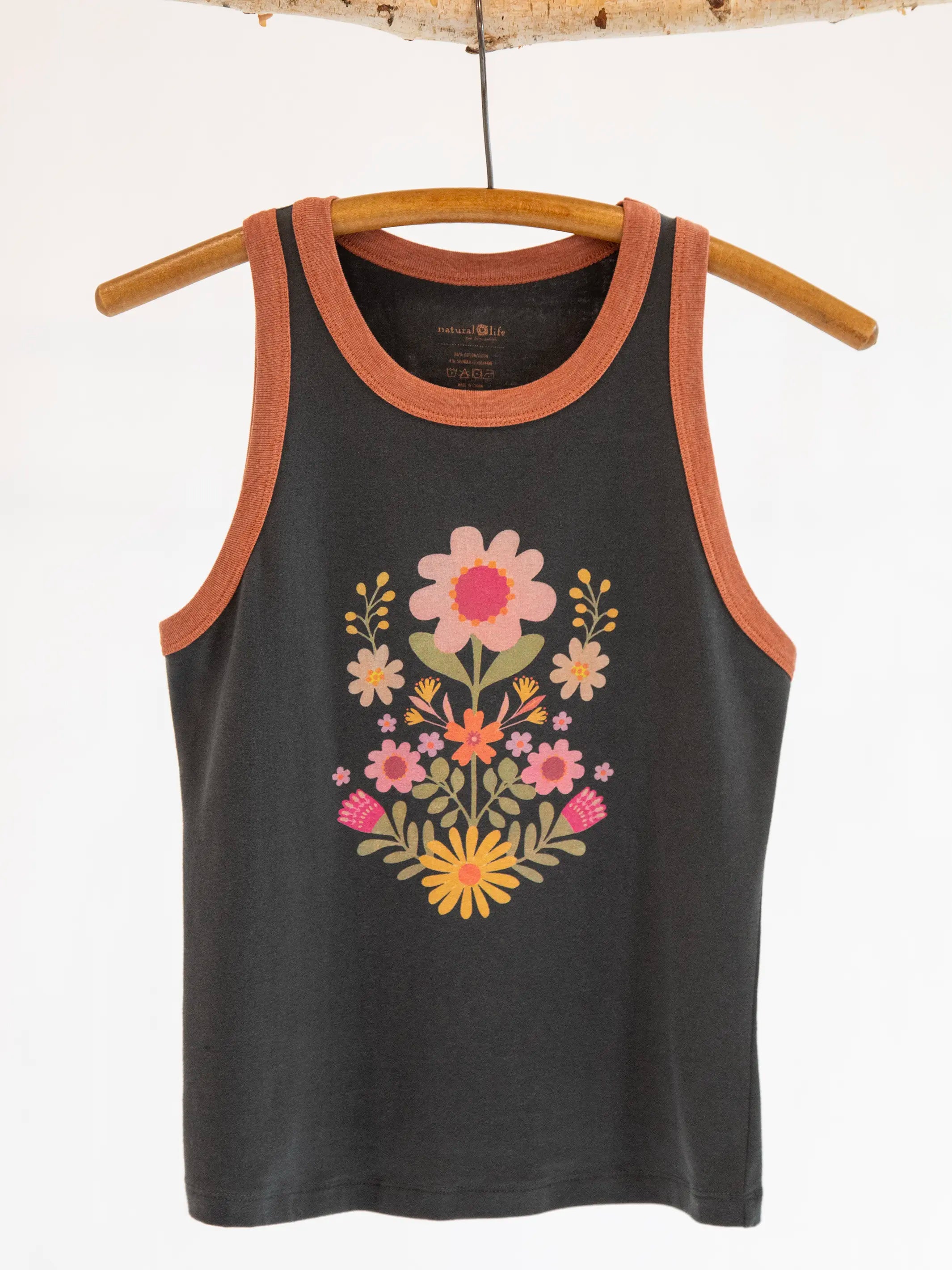 Ringer Tank Top - Charcoal Folk Flower