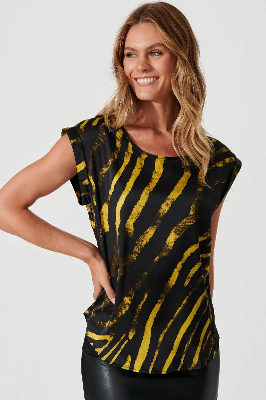 Rejina Top In Black With Yellow Print