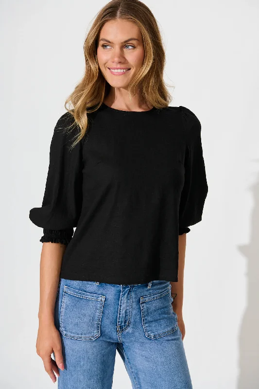 Lanie Top In Black Cotton Linen