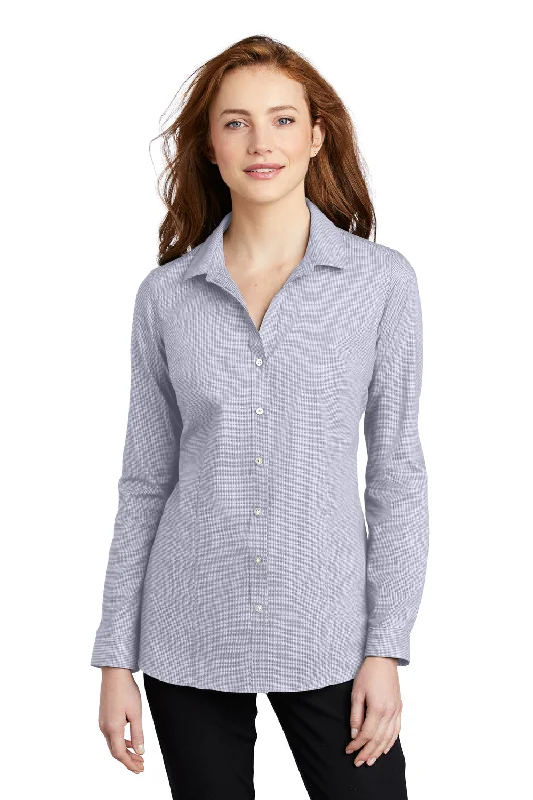 Port Authority Womens Pincheck Wrinkle Resistant Long Sleeve Button Down Shirt - Gusty Grey/White - Closeout