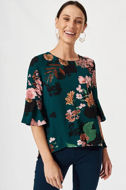 Tai Top In Green With Apricot Floral