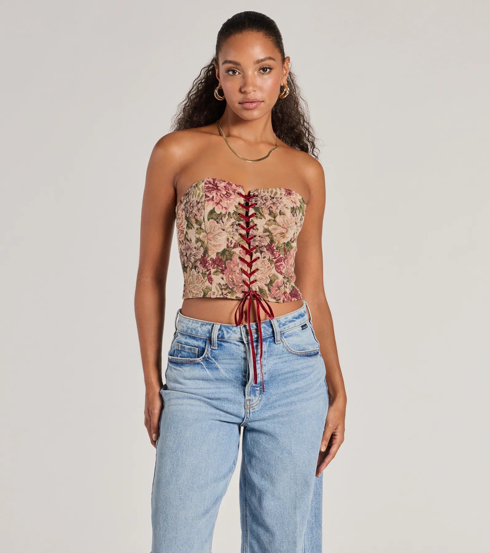 Blooming Beauty Tapestry Lace-Up Cropped Corset Top