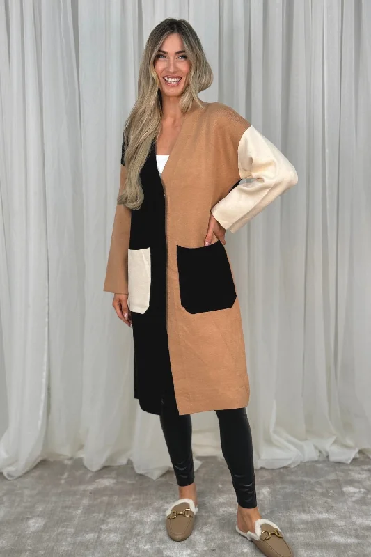 Price Slash Indie Colour Block Coatigan In Camel Mix
