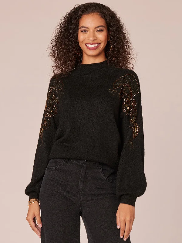 Long Blouson Sleeve Mock Neck Rhinestone Embroidered Sweater