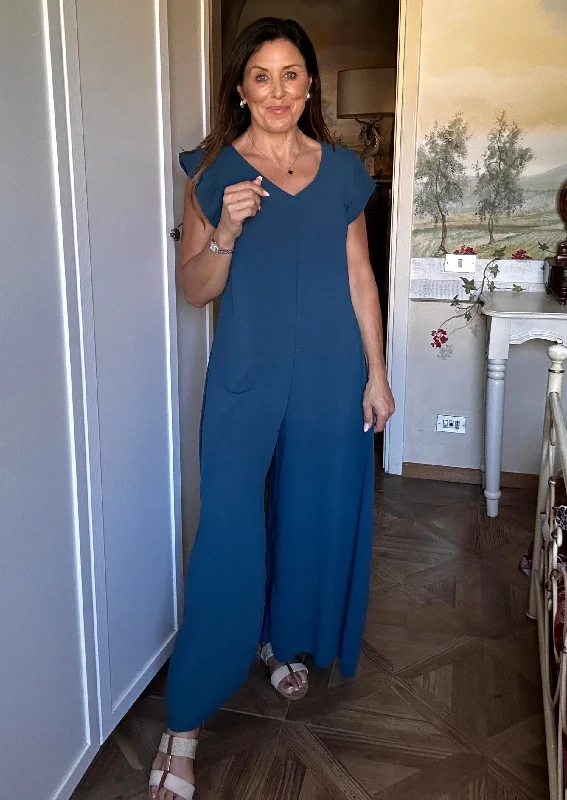 Justine Teal Frill Sleeve Jumpsuit