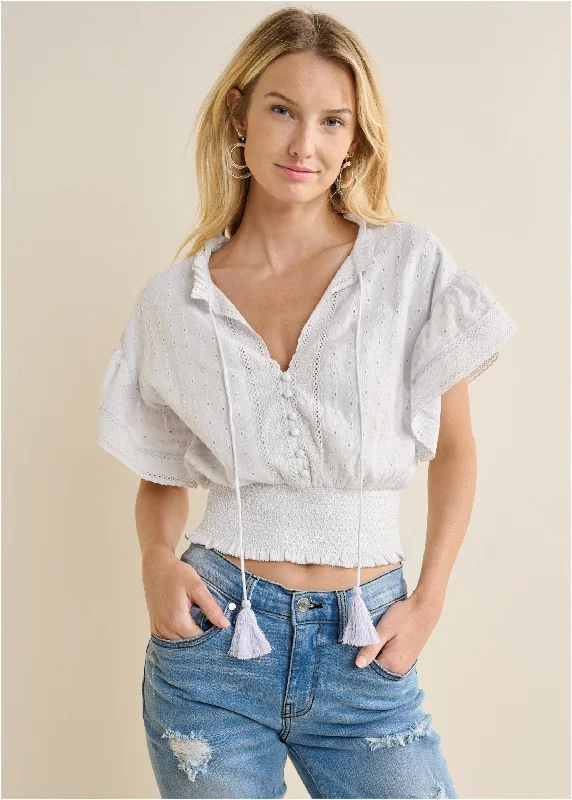 Eyelet Flutter Sleeve Top - Off White