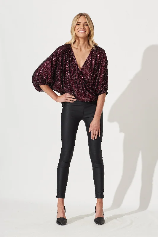 Celebration Sequin Mock Wrap Top In Wine