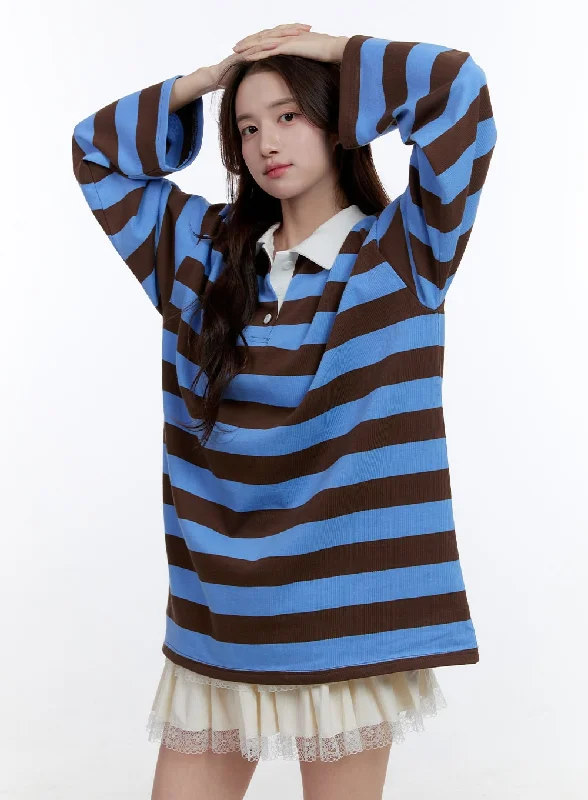 Cotton Oversize Buttoned Long Sleeve Stripe Tee OO407