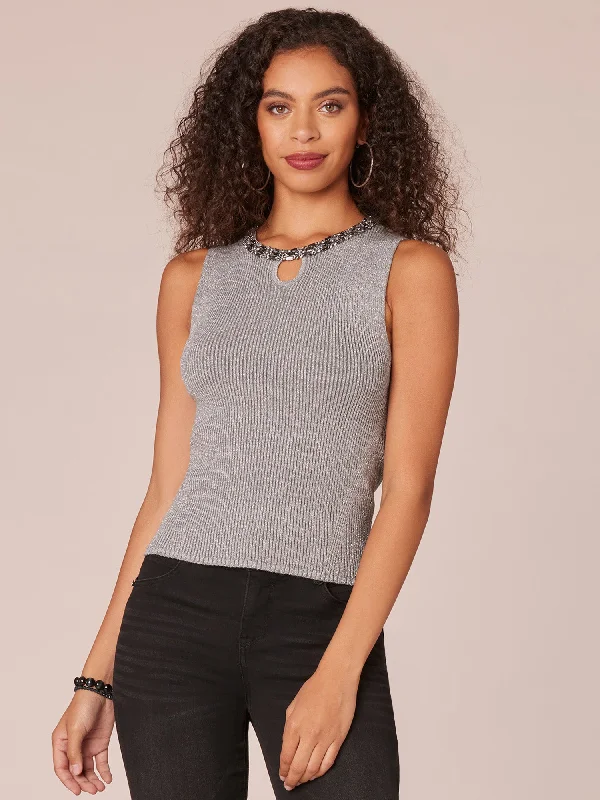 Sleeveless Beaded Round Neck Ribbed Sweater Tank Top with Keyhole